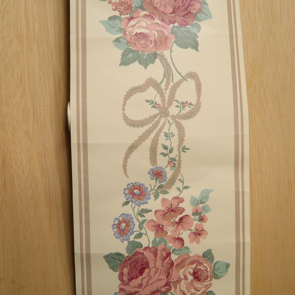 Vintage Floral Wallpaper Border Pink Rose Blue Flower Bow 70ft x 7in Cottagecore